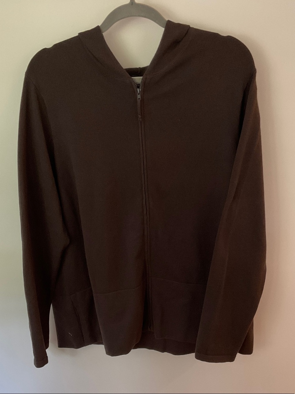 Eileen Fisher Brown Zip-Up Hooded Knit Jacket